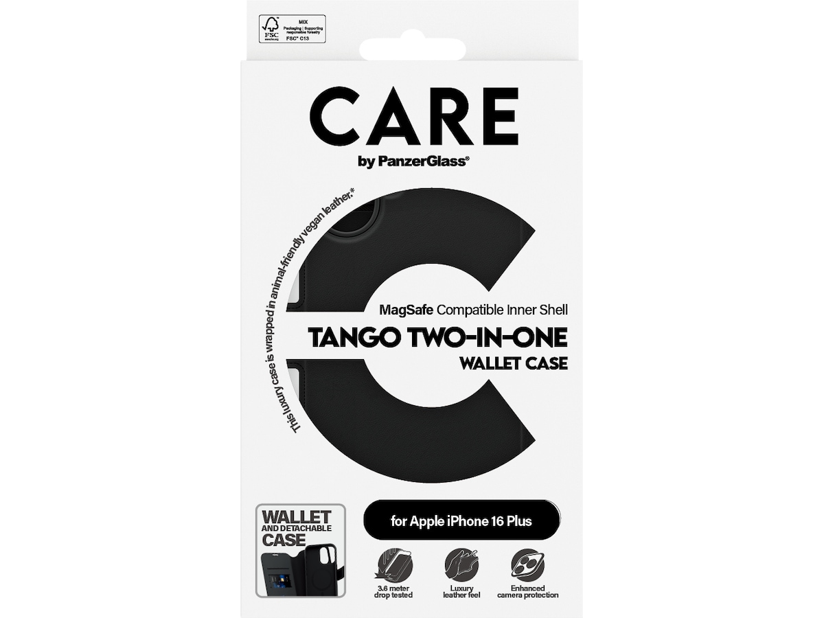 PanzerGlass CARE iPhone 16 Plus Tango 2-i-1 Wallet cover (sort) Mobilcover