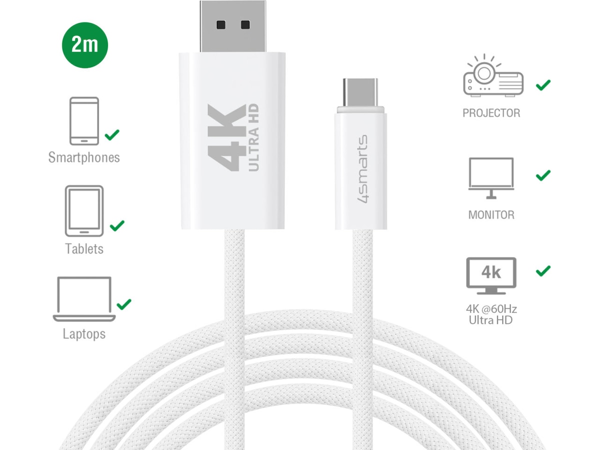 4smarts USB-C til Displayport kabel 2m (hvid) USB-kabler