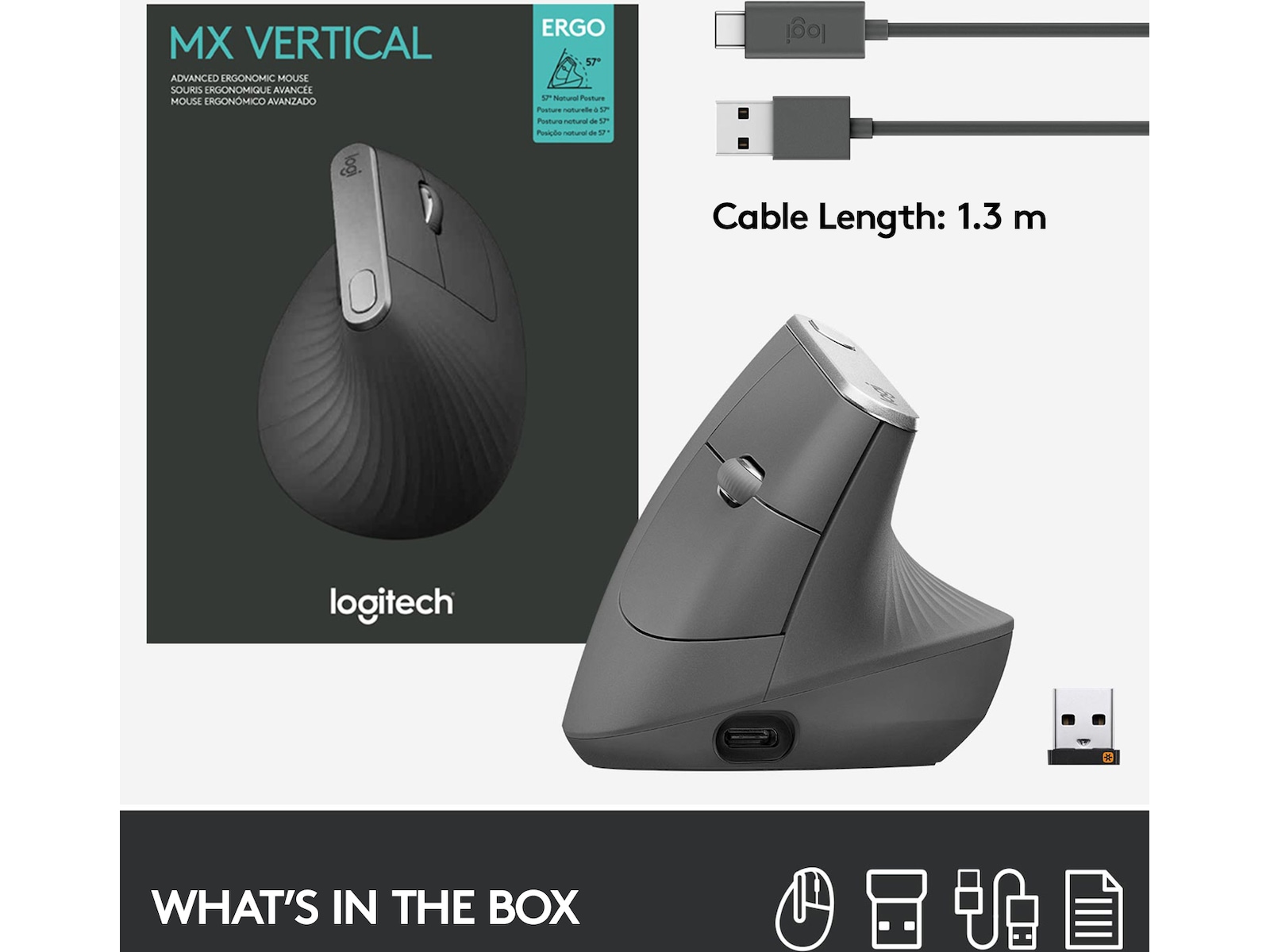 Logitech MX Vertical Trådløs Bluetooth Computermus Ergonomiske