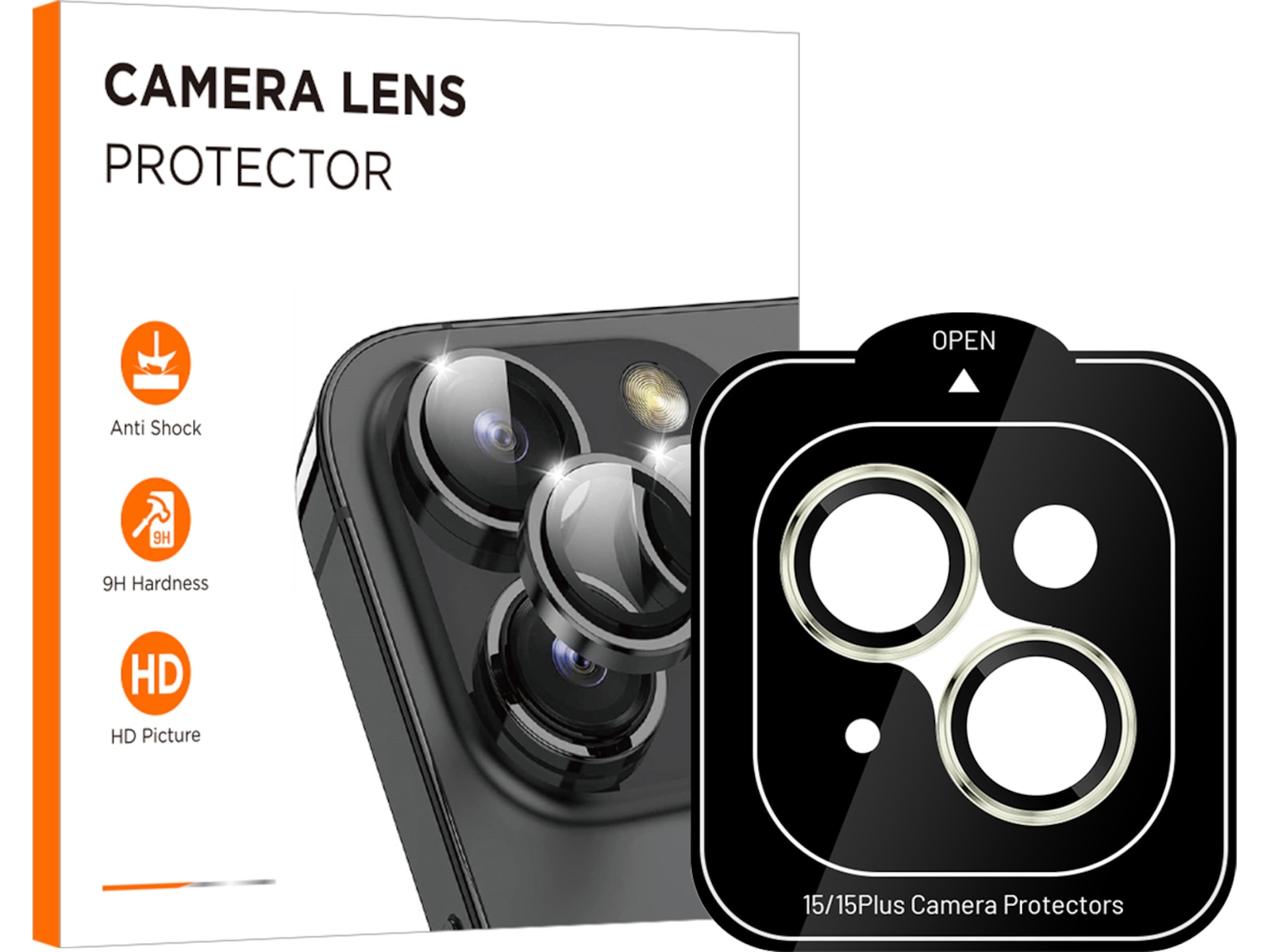 iiglo iPhone 15 / 15 Plus Linsebeskytter gul ramme (gul) Skærmbeskyttelse mobiltelefon