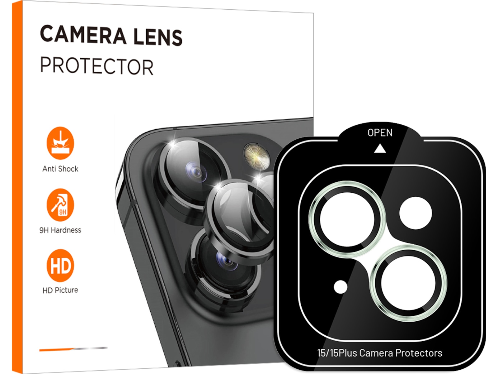 iiglo iPhone 15 / 15 Plus Linsebeskytter grøn ramme (grøn) Skærmbeskyttelse mobiltelefon