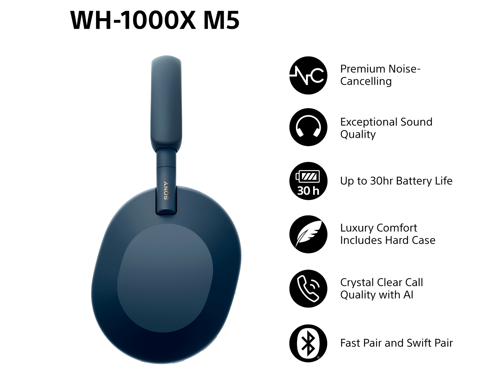 Sony WH-1000XM5 Trådløse høretelefoner, Over-Ear (blå) Høretelefoner