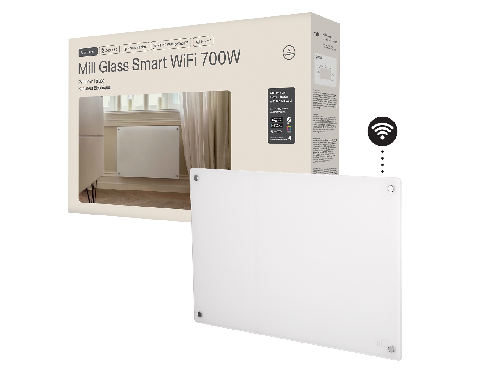 Mill Glass Smart WiFi Gen 4 panelvarmer 700W (hvid) Varmepaneler