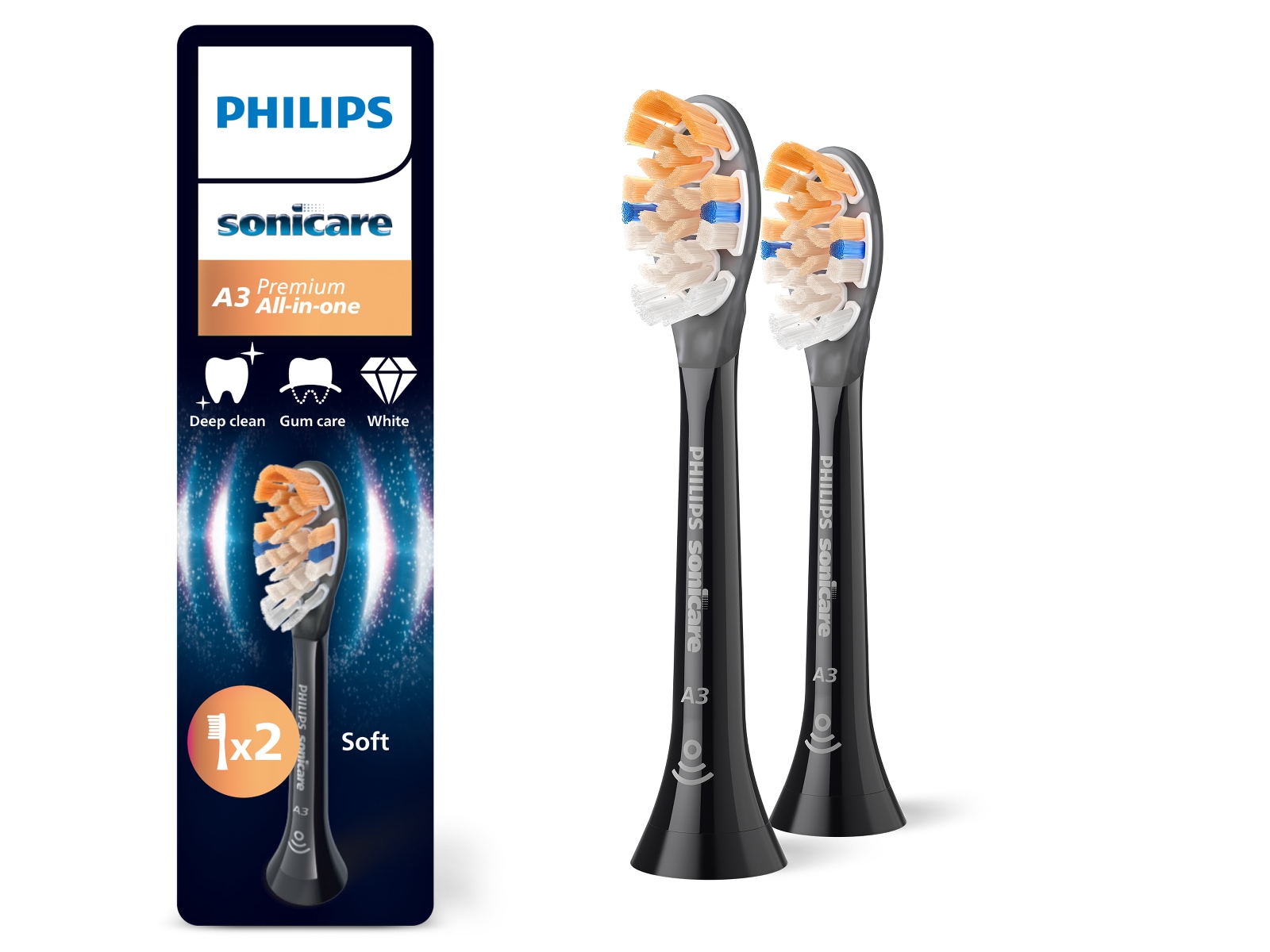 Philips Sonicare A3 Premium All-in-One tandbørstehoveder (2 pack, sort) Tandbørstehoveder