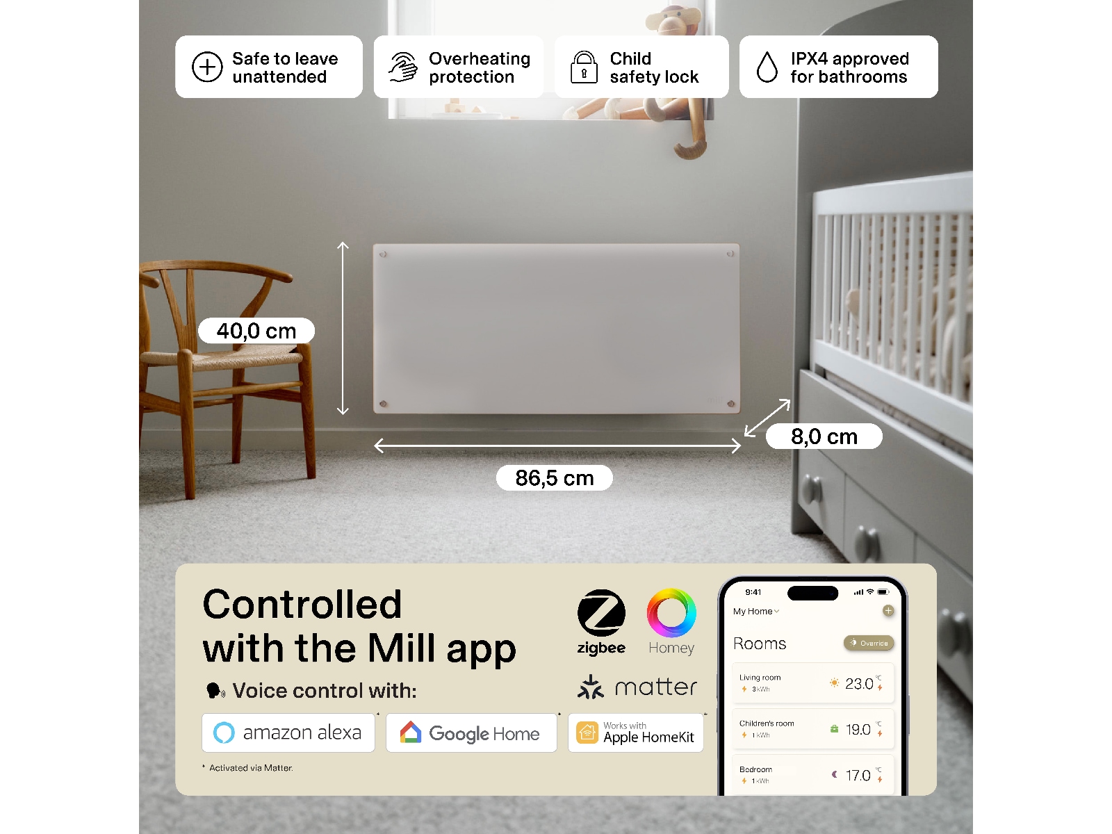 Mill Glass Smart WiFi Gen 4 panelvarmer 1000W Varmepaneler