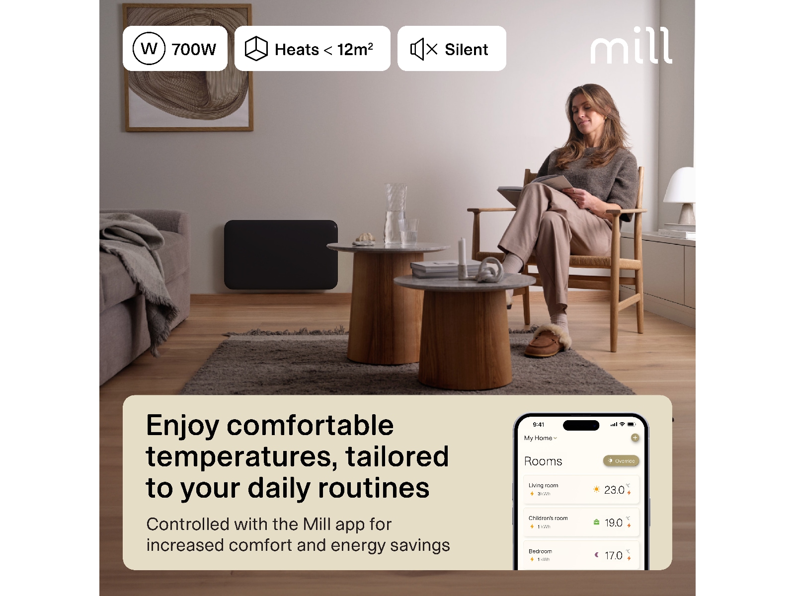 Mill Invisible Smart WiFi Gen 4 panelvarmer 700W (sort) Varmepaneler