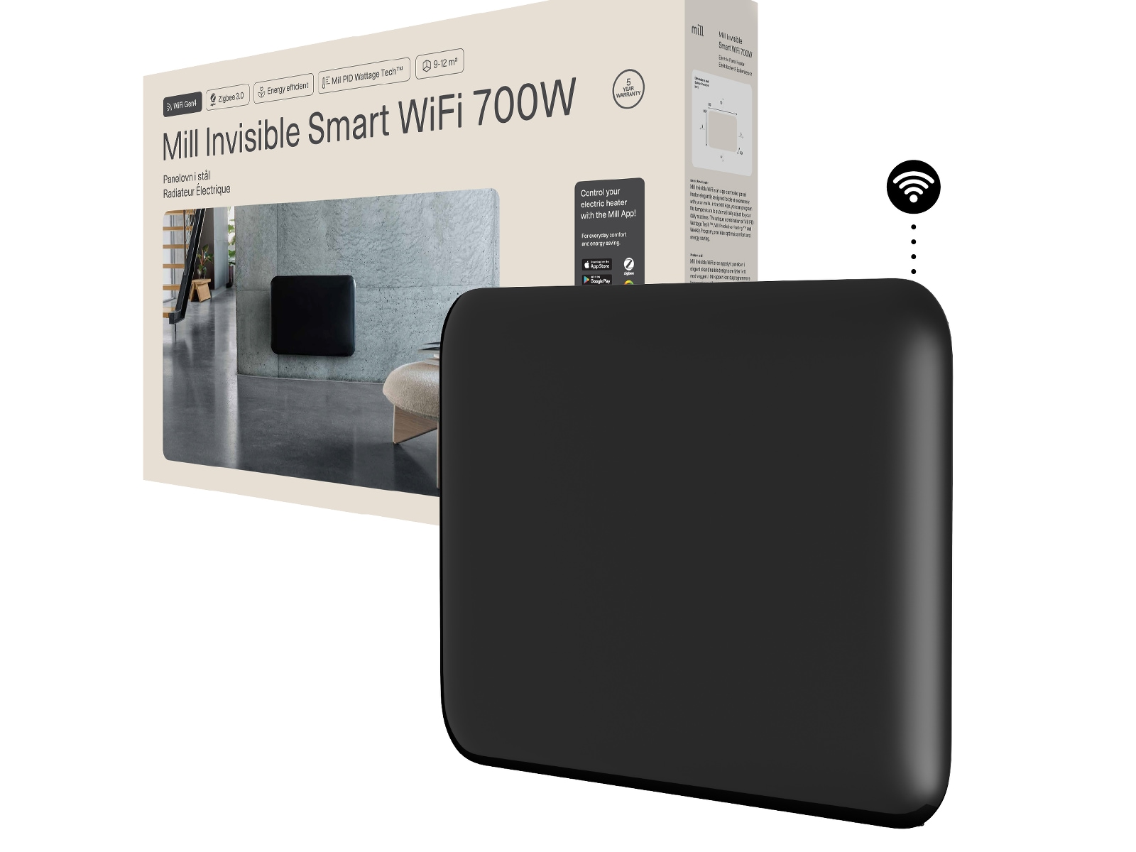 Mill Invisible Smart WiFi Gen 4 panelvarmer 700W (sort) Varmepaneler