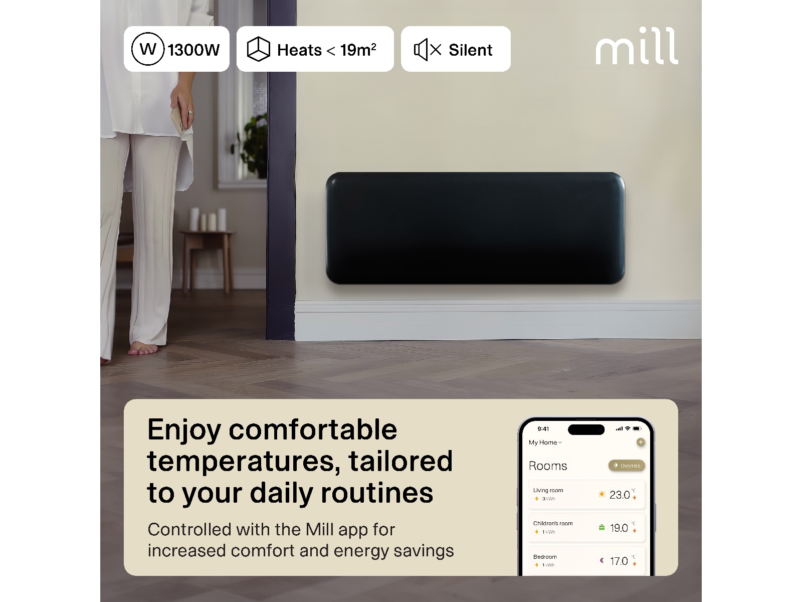 Mill Invisible Smart WiFi Gen 4 panelvarmer 1300W (sort) Varmepaneler