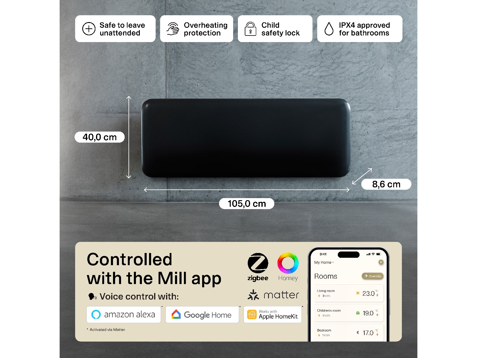 Mill Invisible Smart WiFi Gen 4 panelvarmer 1300W (sort) Varmepaneler