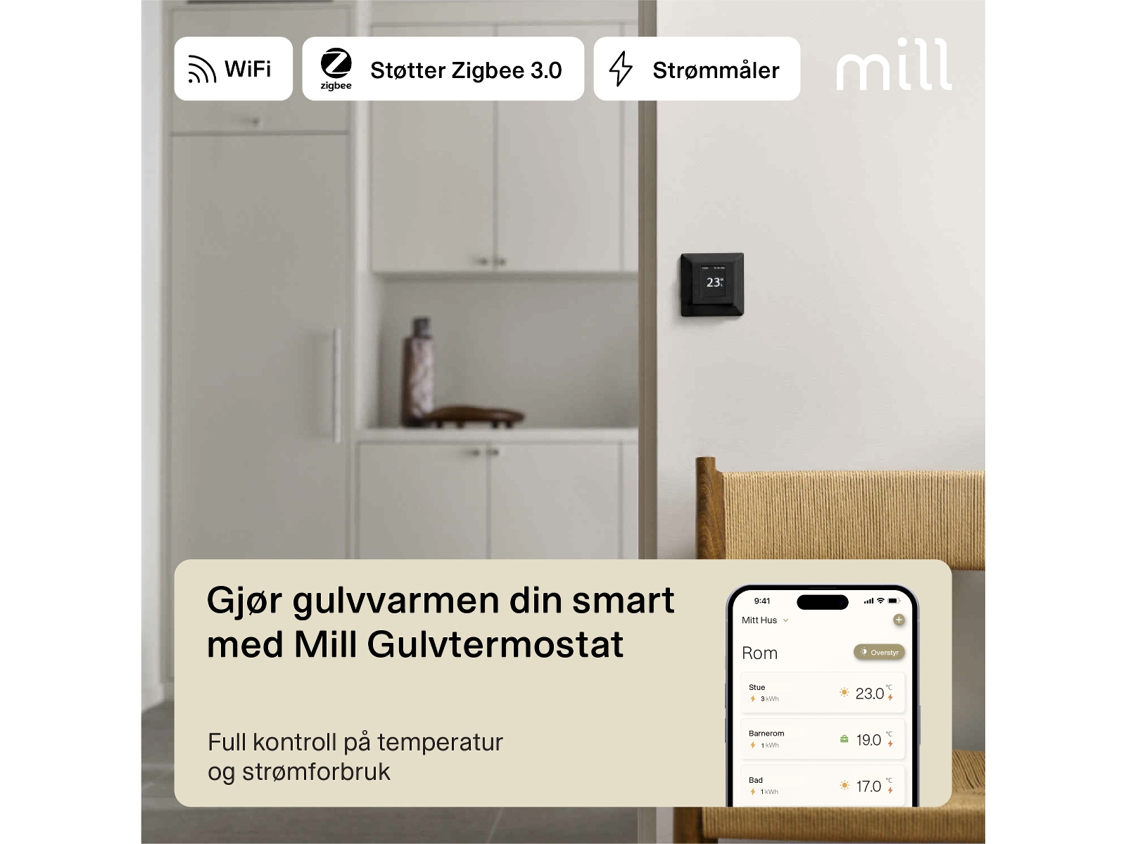Mill Smart WiFi Gulvtermostat (sort) Tilbehør til varme