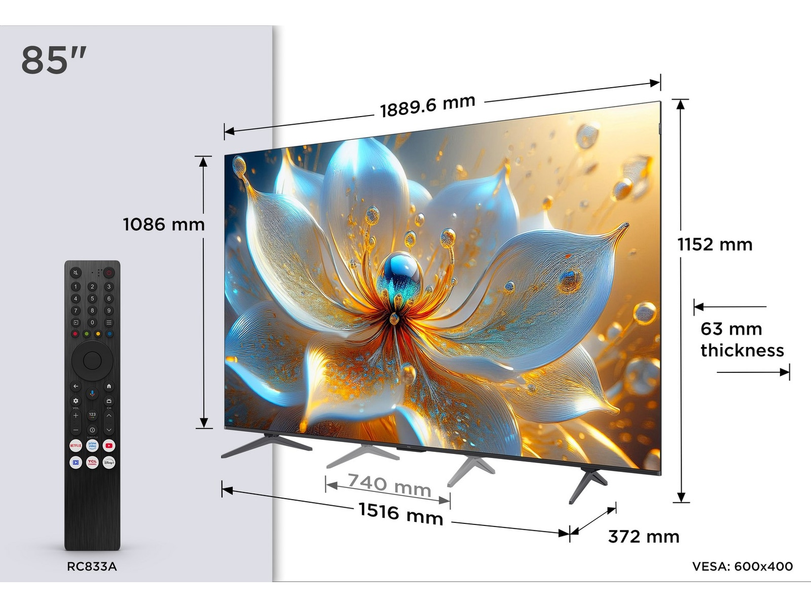 TCL 85" T8C 4K QLED Google TV (2025) Over 80 tommer TV