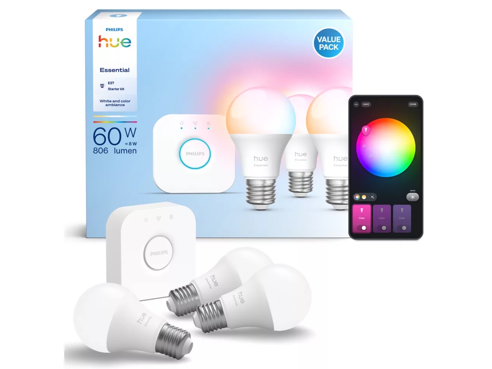 Philips Hue WCA Essential Starter Pack (3x E27 + Bridge) LED-pærer & elpærer