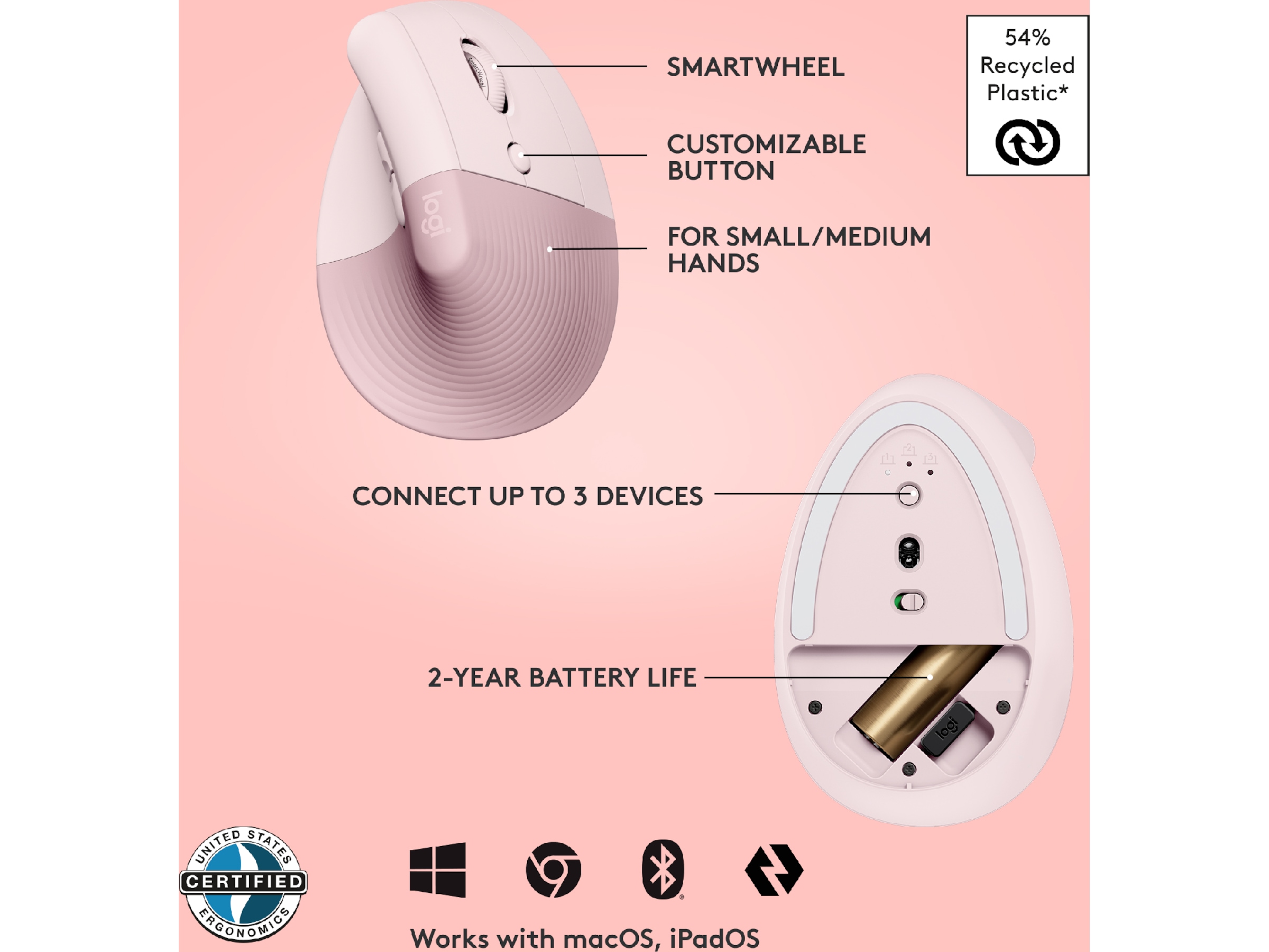 Logitech Lift Vertikal mus (dark rose) Mus