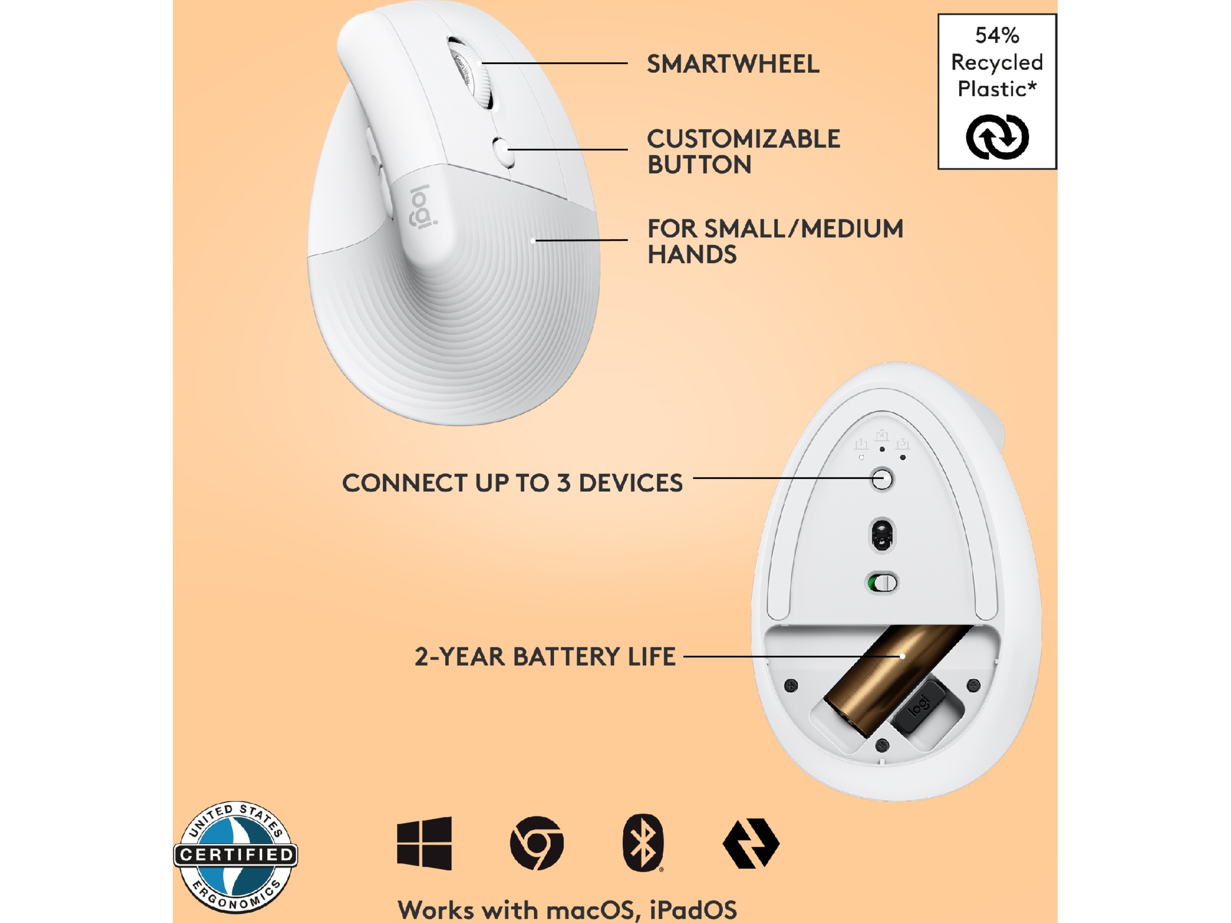 Logitech Lift Vertikal mus (off-white) Mus