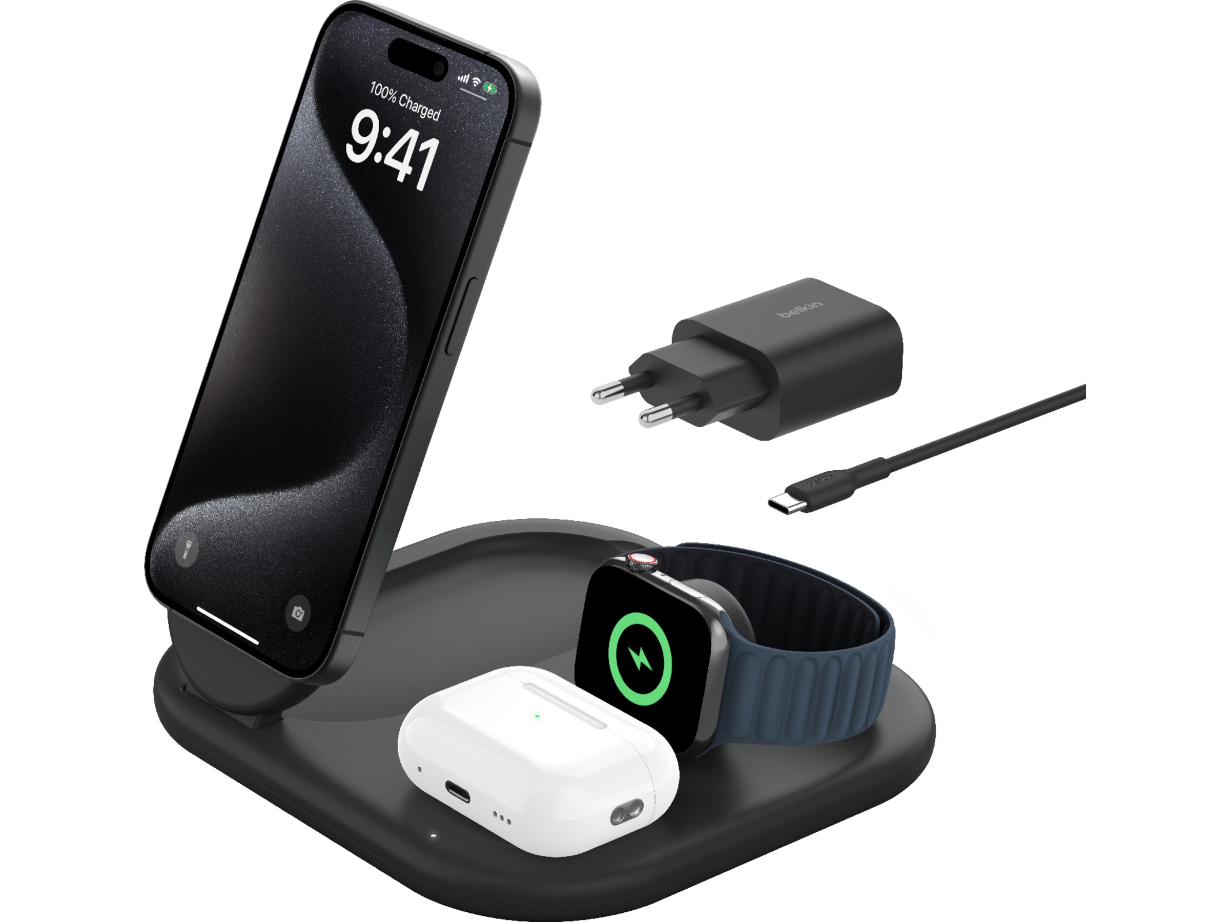 Belkin 3-i-1 Qi2 trådløs oplader (sort) Trådløs oplader