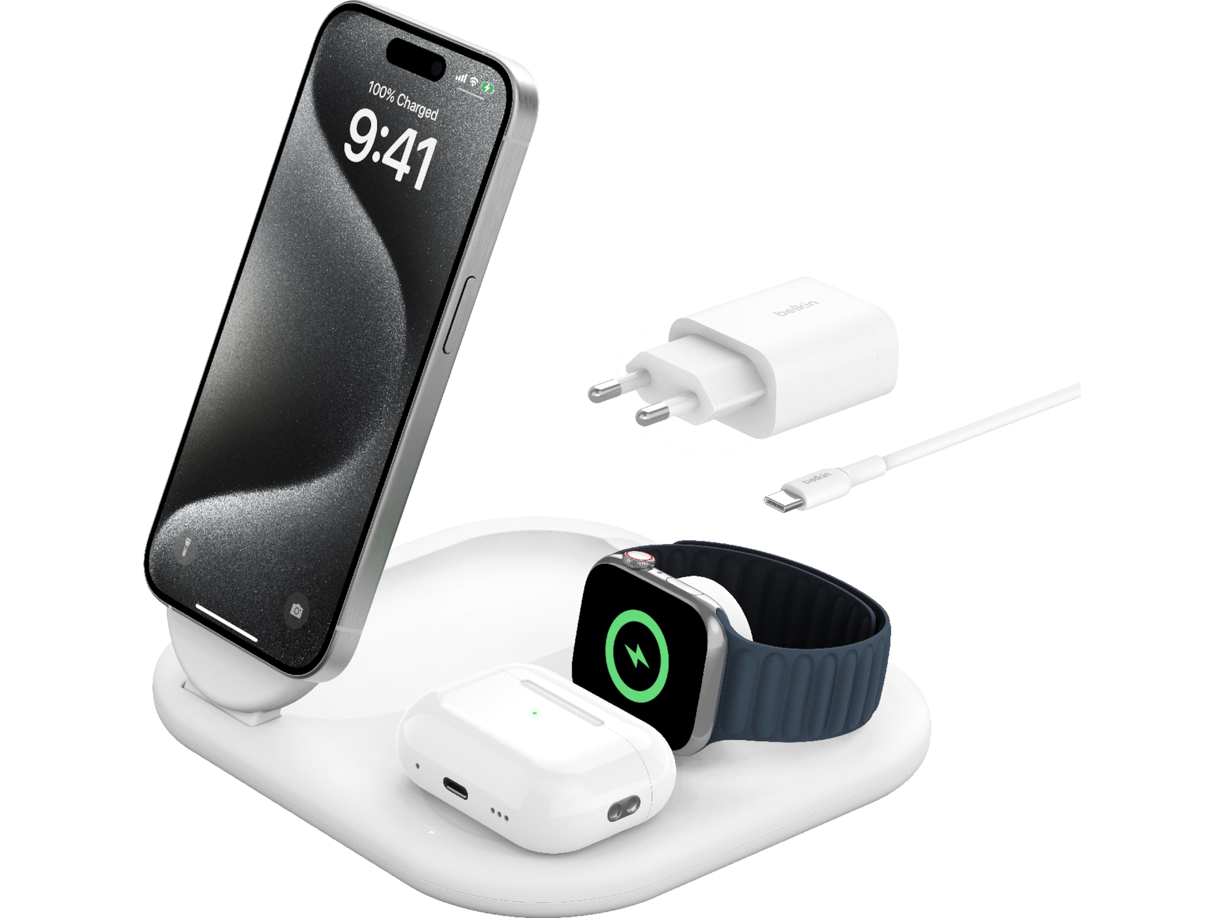 Belkin 3-i-1 Qi2 trådløs oplader (hvid) Trådløs oplader