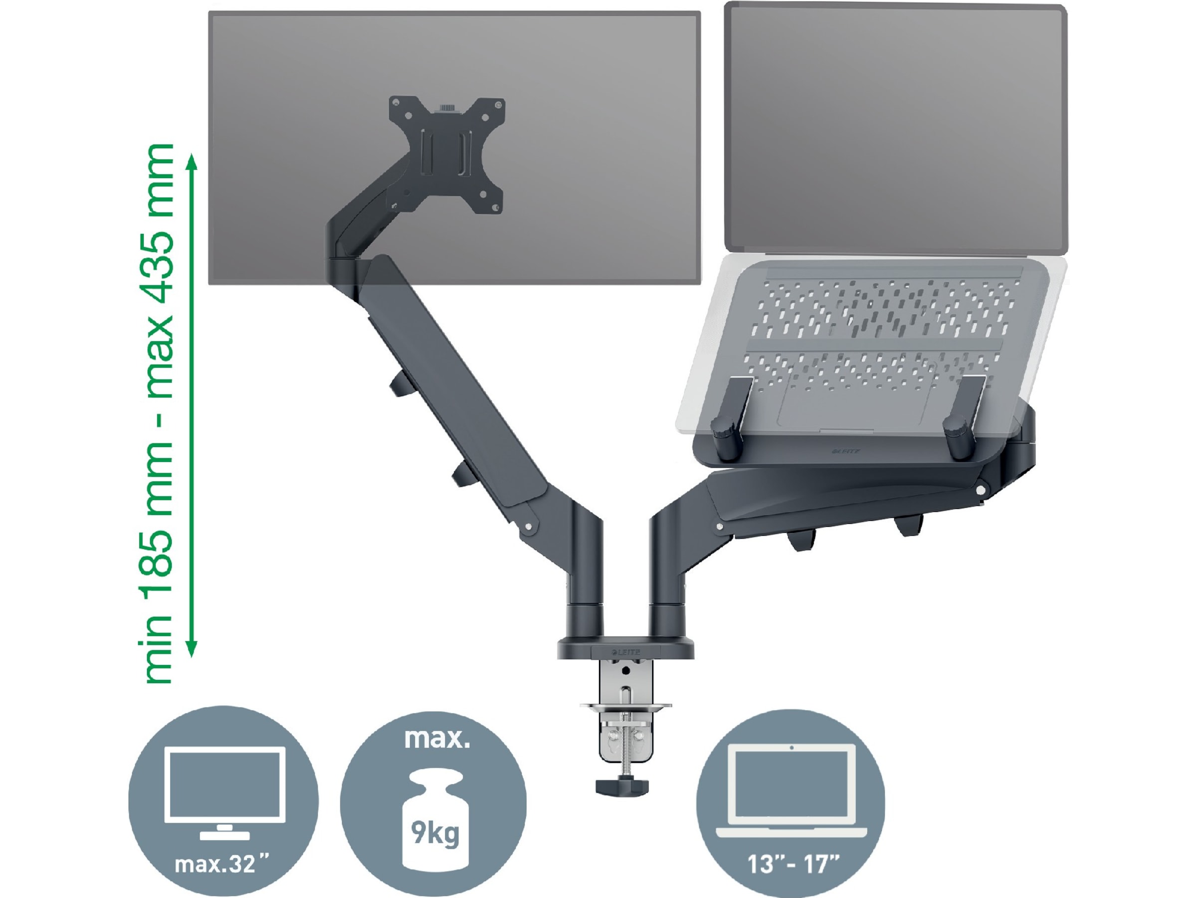 Leitz Ergo Monitor Arm & Laptop Arm, pladsbesparende Væg ophæng
