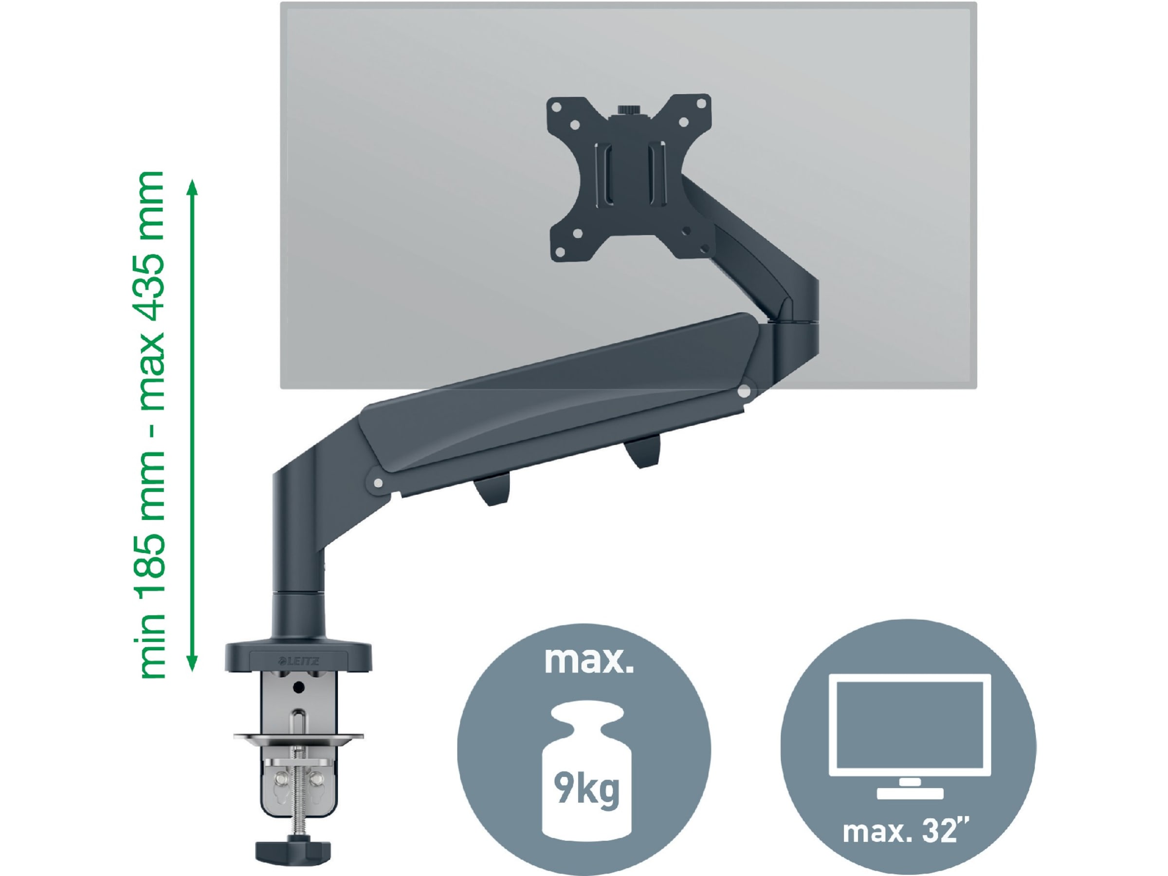 Leitz Ergo Monitor Arm Single, pladsbesparende, 17-32" flad/buet skærm Væg ophæng