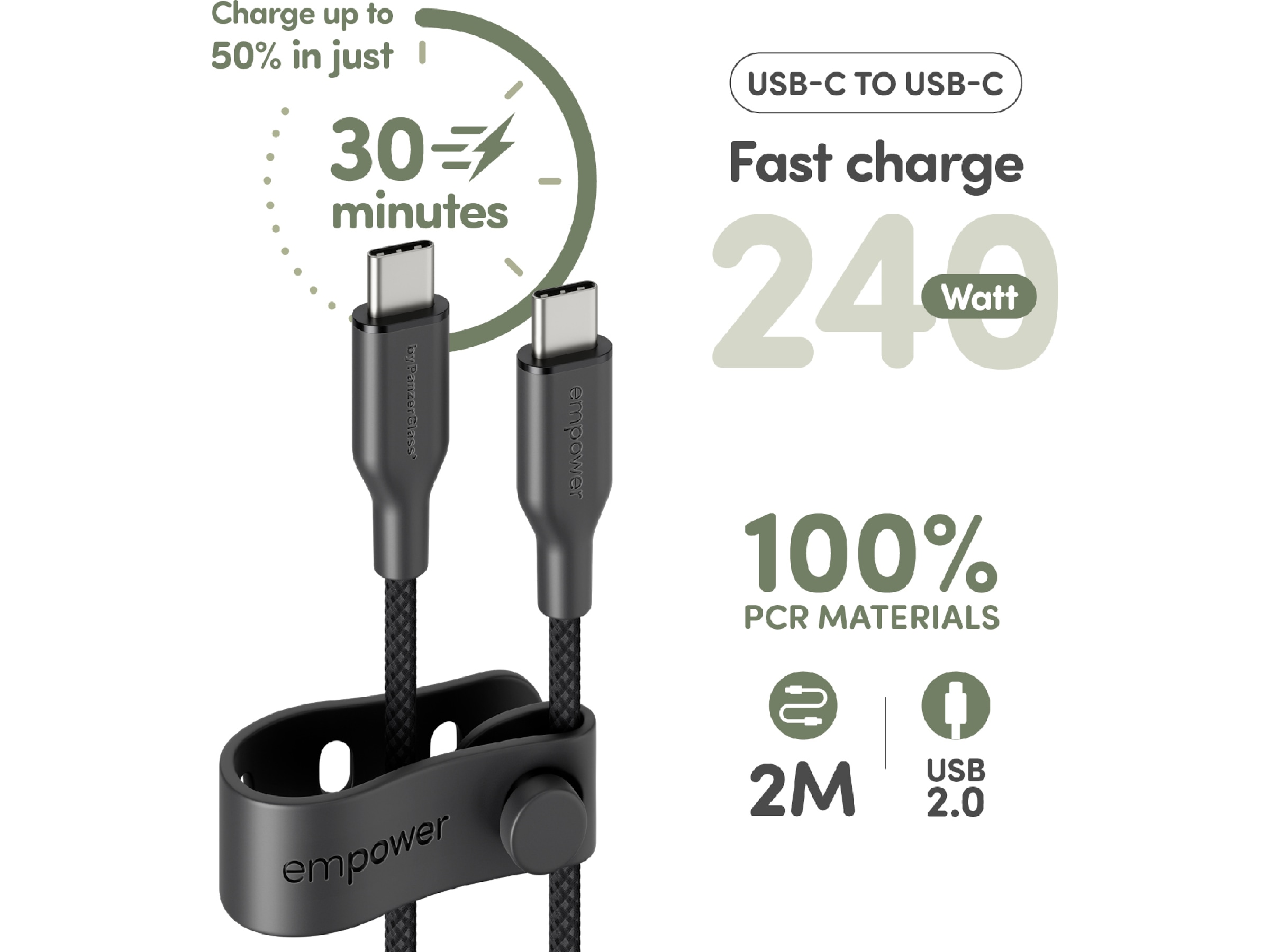 PanzerGlass Racing 240W USB-C kabel, 2m (sort) USB-kabler