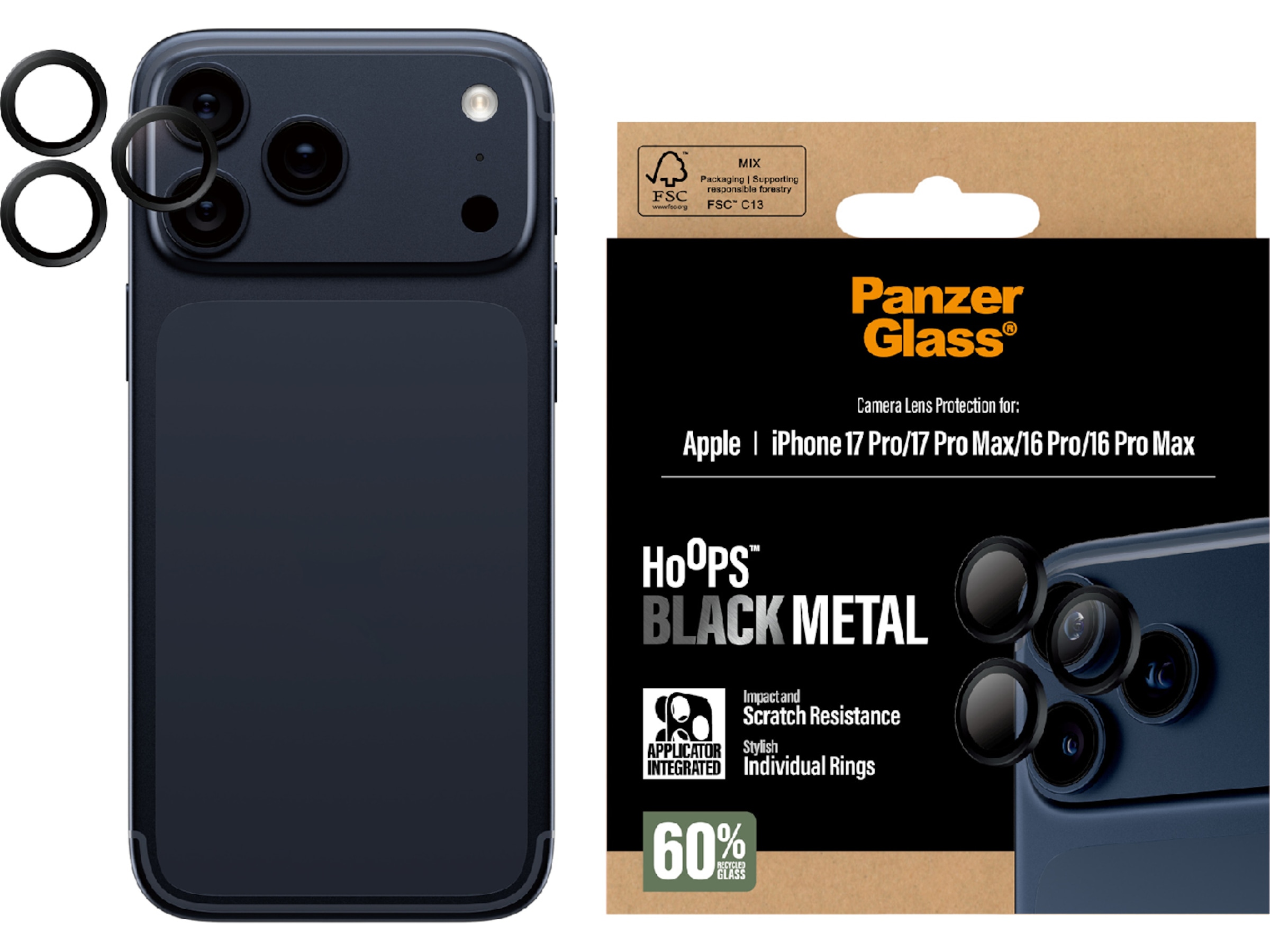 PanzerGlass iPhone 17 Pro / 17 Pro Max / 16 Pro / 16 Pro Max Hoops Linsebeskytter (sort) Skærmbeskyttelse mobiltelefon