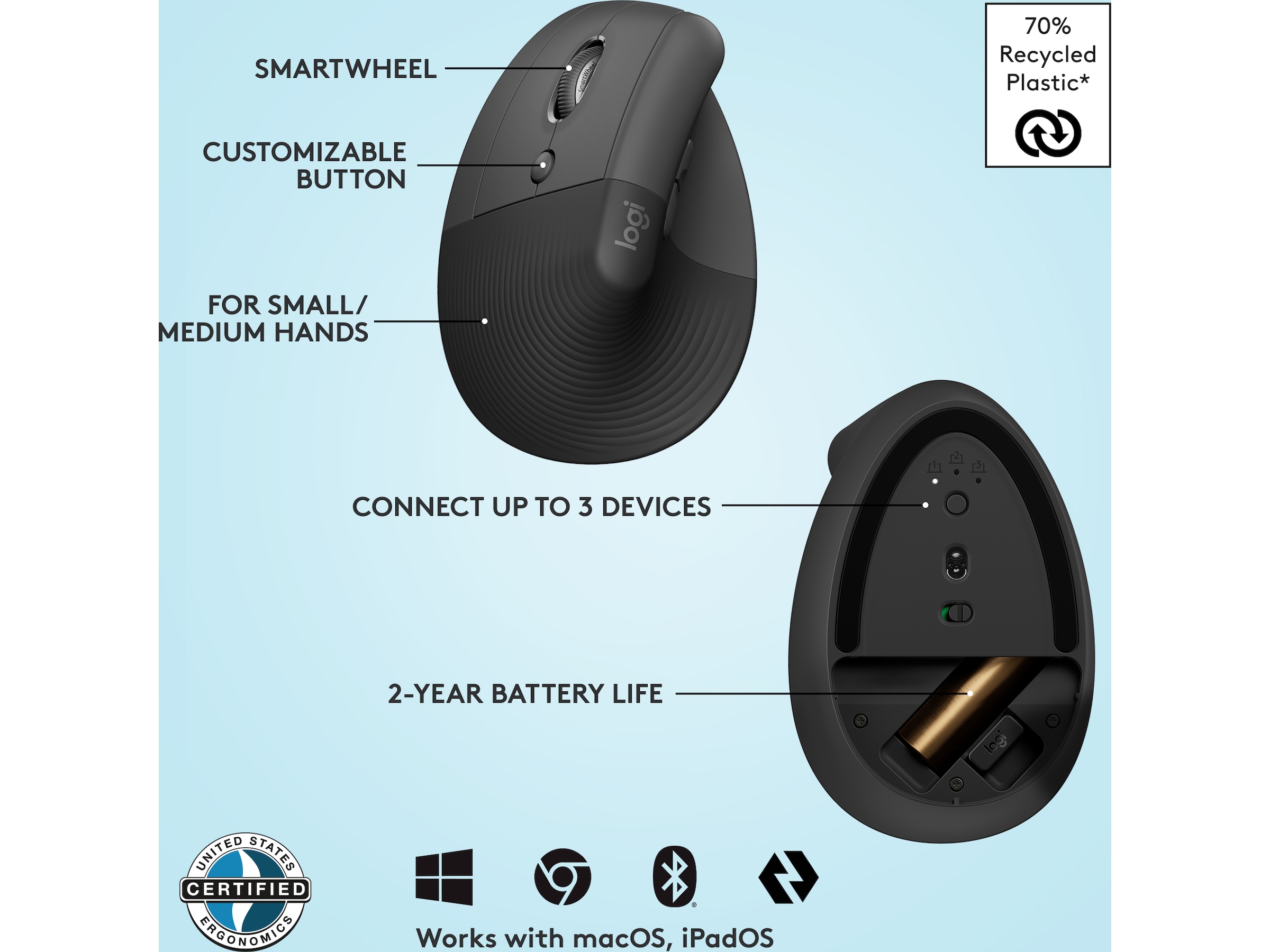 Logitech Lift Vertikal Venstre mus (graphite) Mus