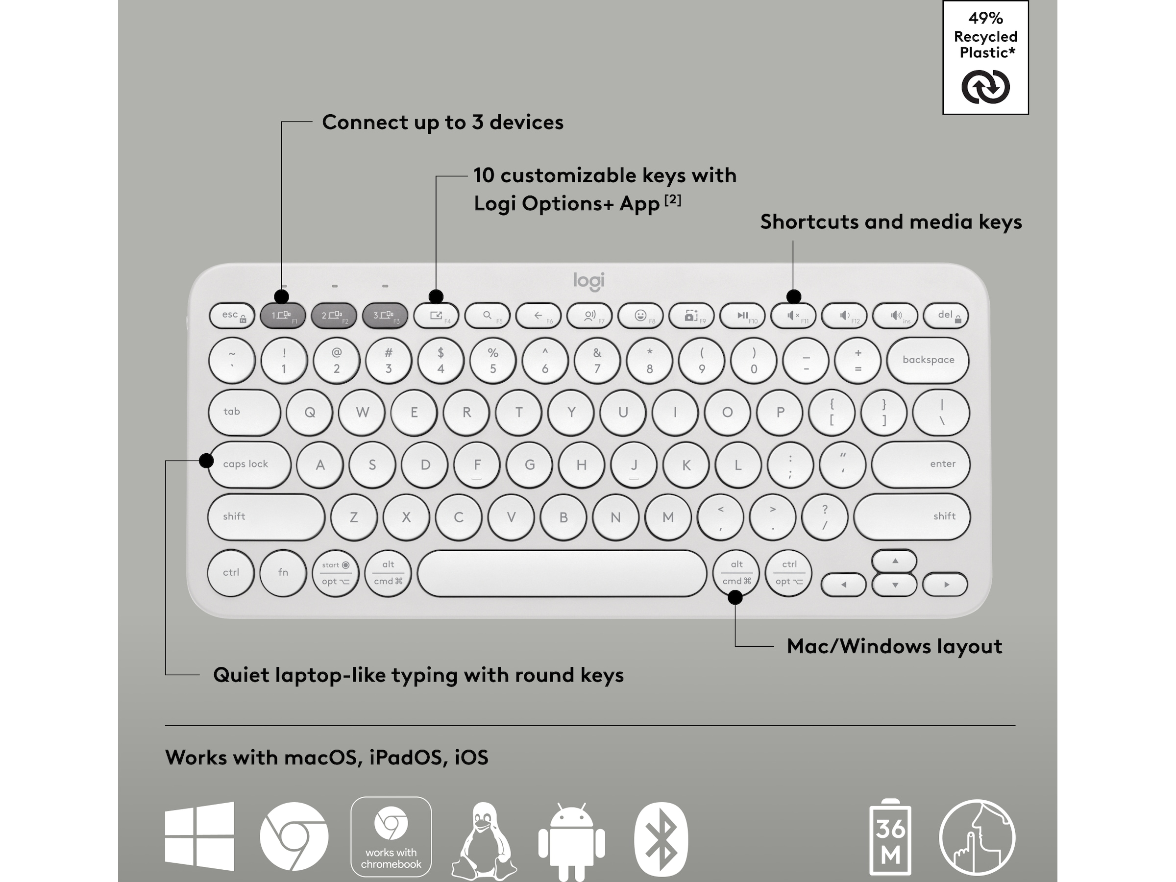 Pebble Keys 2 K380s (hvidt) Keyboards