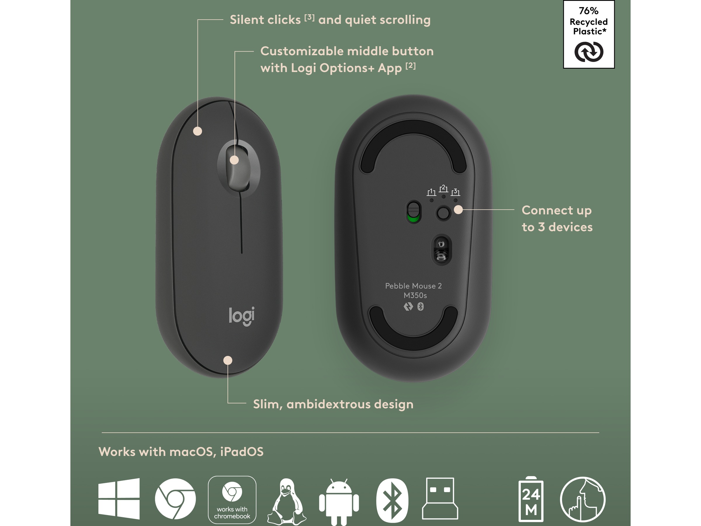 Pebble 2 Combo (sort) Mus & keyboards -kombinasjonspakker