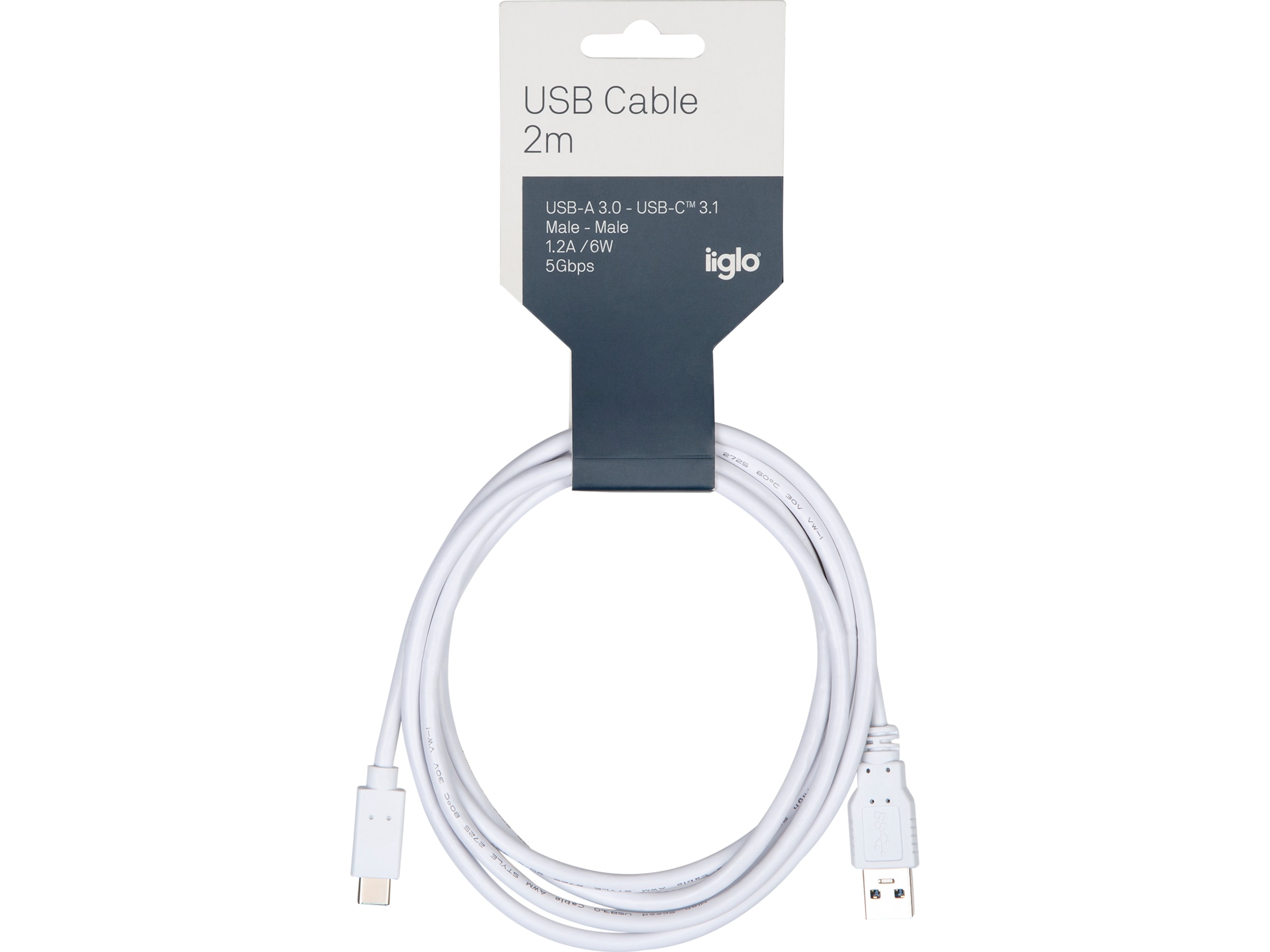 USB-A til USB-C kabel 2m (hvid) USB-kabler