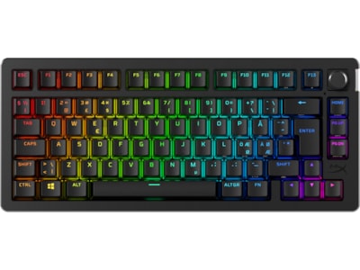 HyperX Alloy Rise - Tastatur - 1000 Hz pollingfrekvens, 100% anti-ghosting, 80 millioner tastetryk - 75% - bagbelyst - trådløs - 2.4 GHz, Bluetooth, USB-C - QWERTY - Pan Nordic - tastkontakt: HyperX Linear - sort