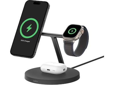 Belkin BoostCharge Pro 3-in-1 - Trådløs opladningsstander - med Qi2 + AC-strømadapter - 15 Watt - Fast Charge - sort