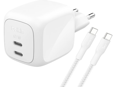Belkin vægoplader 67W dobbelt USB-C PD GaN (hvid)