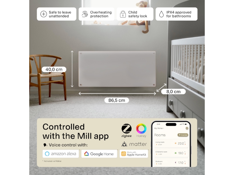 Mill Glass Smart WiFi Gen 4 panelvarmer 1000W Varmepaneler