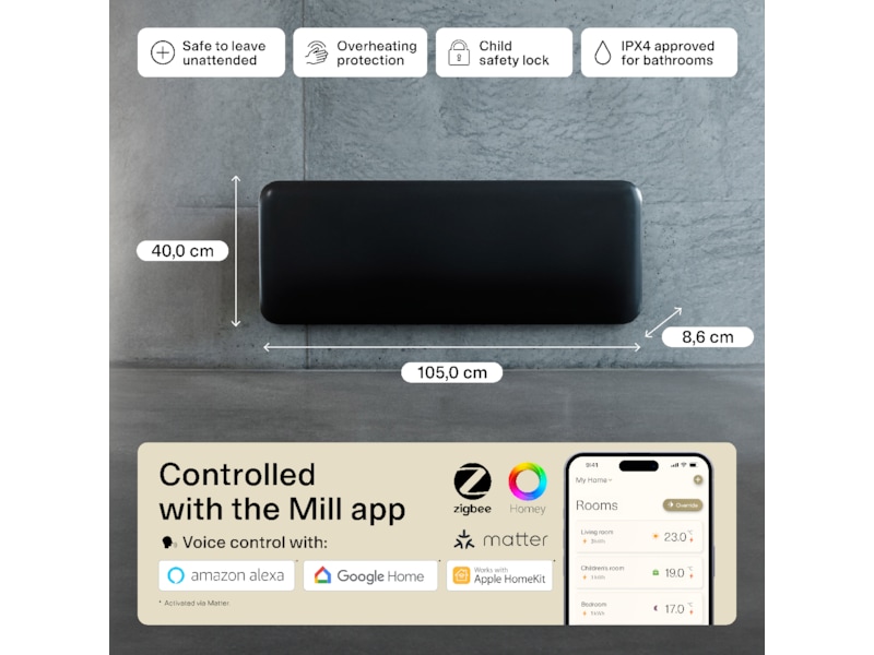 Mill Invisible Smart WiFi Gen 4 panelvarmer 1300W (sort) Varmepaneler