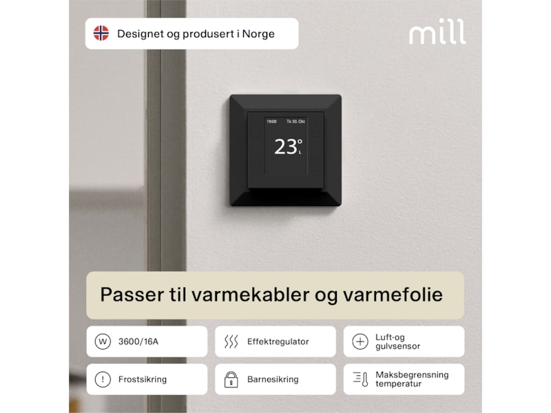 Mill Smart WiFi Gulvtermostat (sort) Tilbehør til varme