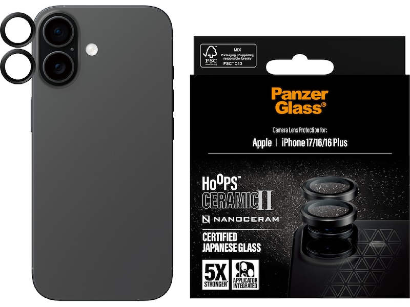 PanzerGlass iPhone 17 / 16 / 16 Plus Hoops Ceramic II Linsebeskytter Skærmbeskyttelse mobiltelefon