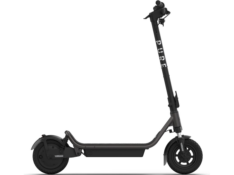Sort Pure Air6 Pro+ Suspension el-løbehjul set fra siden med PURE på styrstangen og fjedre ved baghjulet