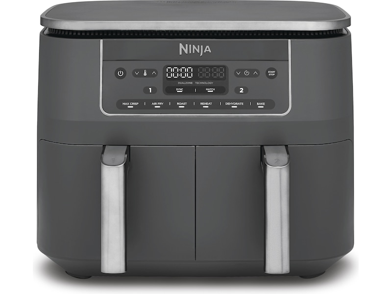 Grå Ninja airfryer med to skuffer ved siden af hinanden set forfra