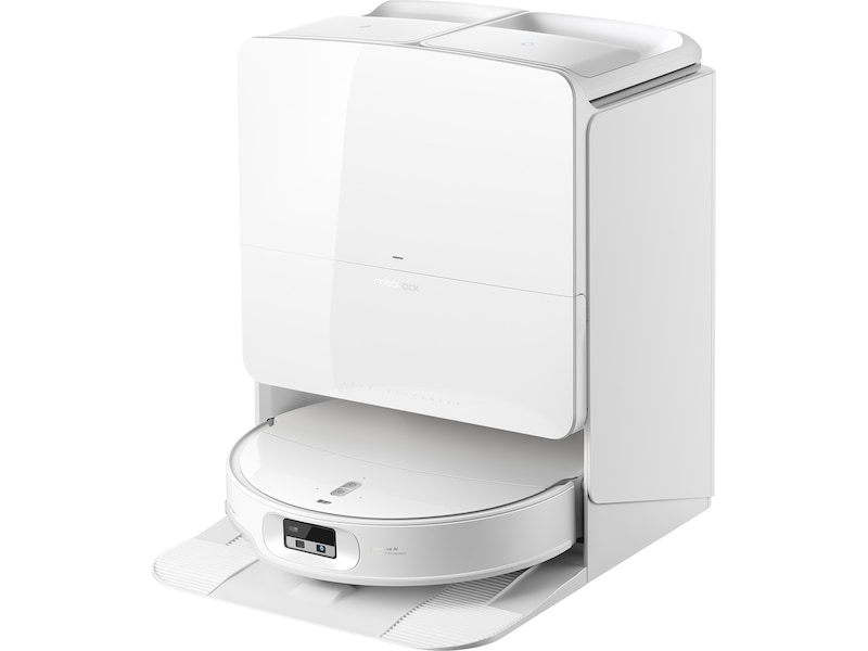 Hvid Roborock Qrevo Edge 2 Pro robotstøvsuger på rampen foran sin hvide station