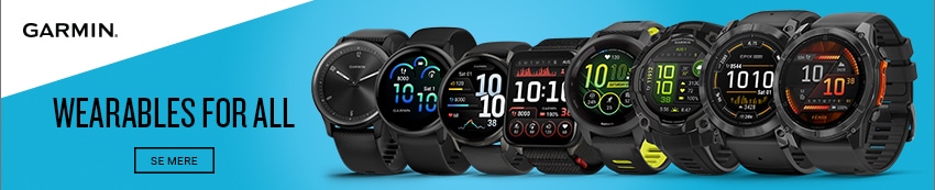 Banner med teksten 'Garmin for alle', der viser forskellige Garmin-produkter, herunder smarture og træningsudstyr, rettet mod både hverdagsbrugere og sportsentusiaster.