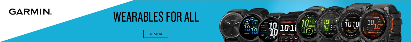 Banner med teksten 'Garmin for alle', der viser forskellige Garmin-produkter, herunder smarture og træningsudstyr, rettet mod både hverdagsbrugere og sportsentusiaster.