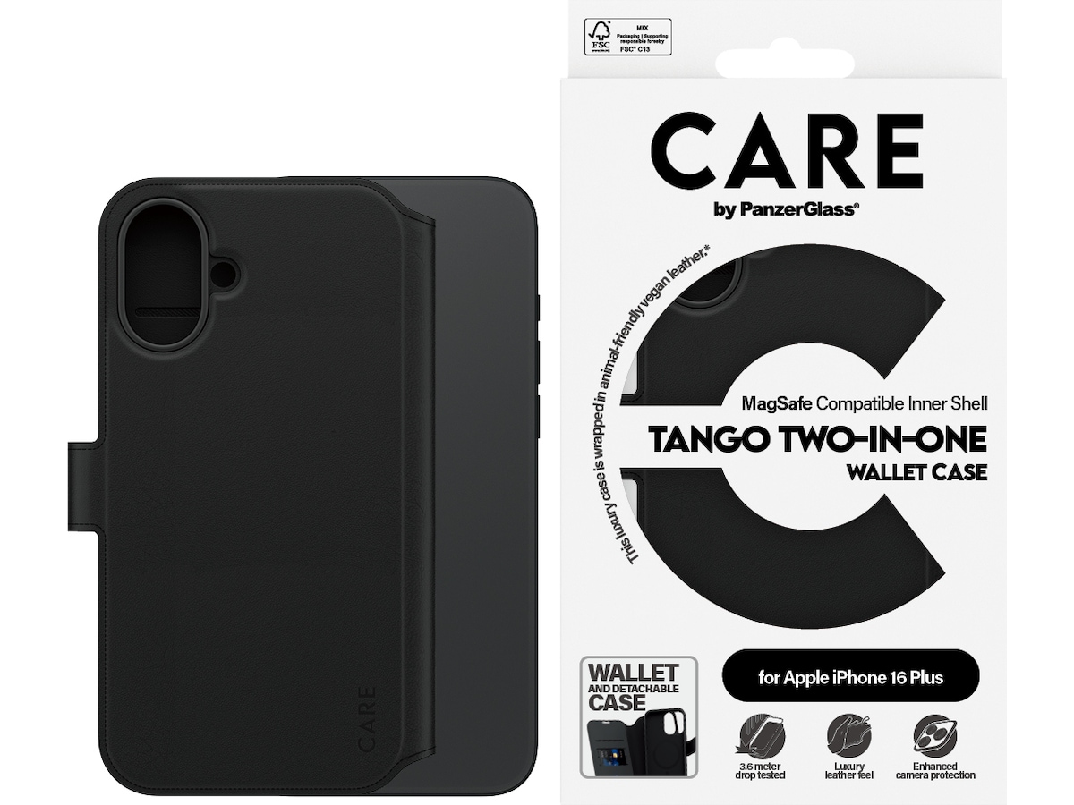 PanzerGlass CARE iPhone 16 Plus Tango 2-i-1 Wallet cover (sort) Mobilcover
