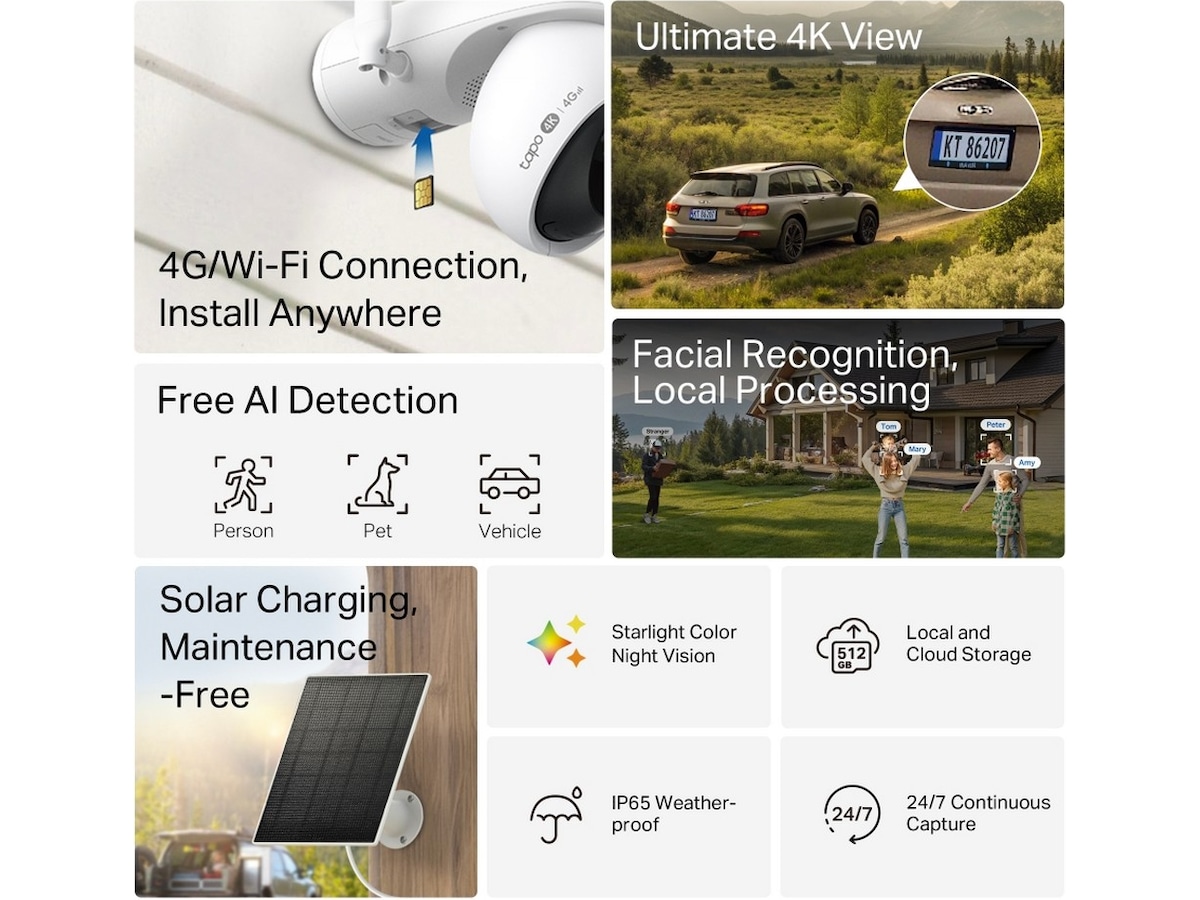 TP-Link Tapo C665G KIT overvågningskamera solcelledrevet Wi-Fi/4G Overvågningskameraer