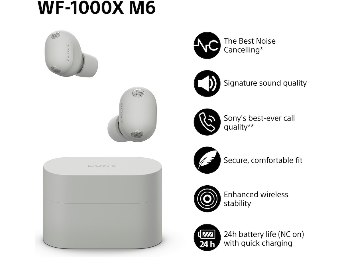 Sony WF-1000XM6 trådløse øretelefoner med støjdæmpning (Platinum Silver) In-ear høretelefoner