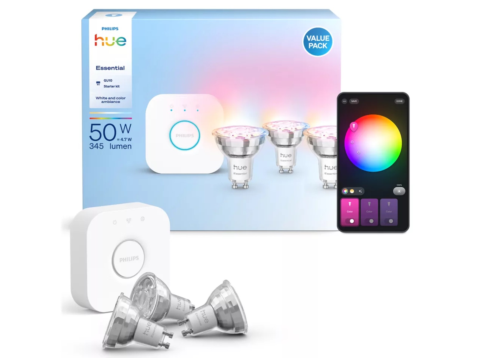 Philips Hue Essential WCA Starter Pack (3x GU10 spot + Bridge) LED-pærer & elpærer
