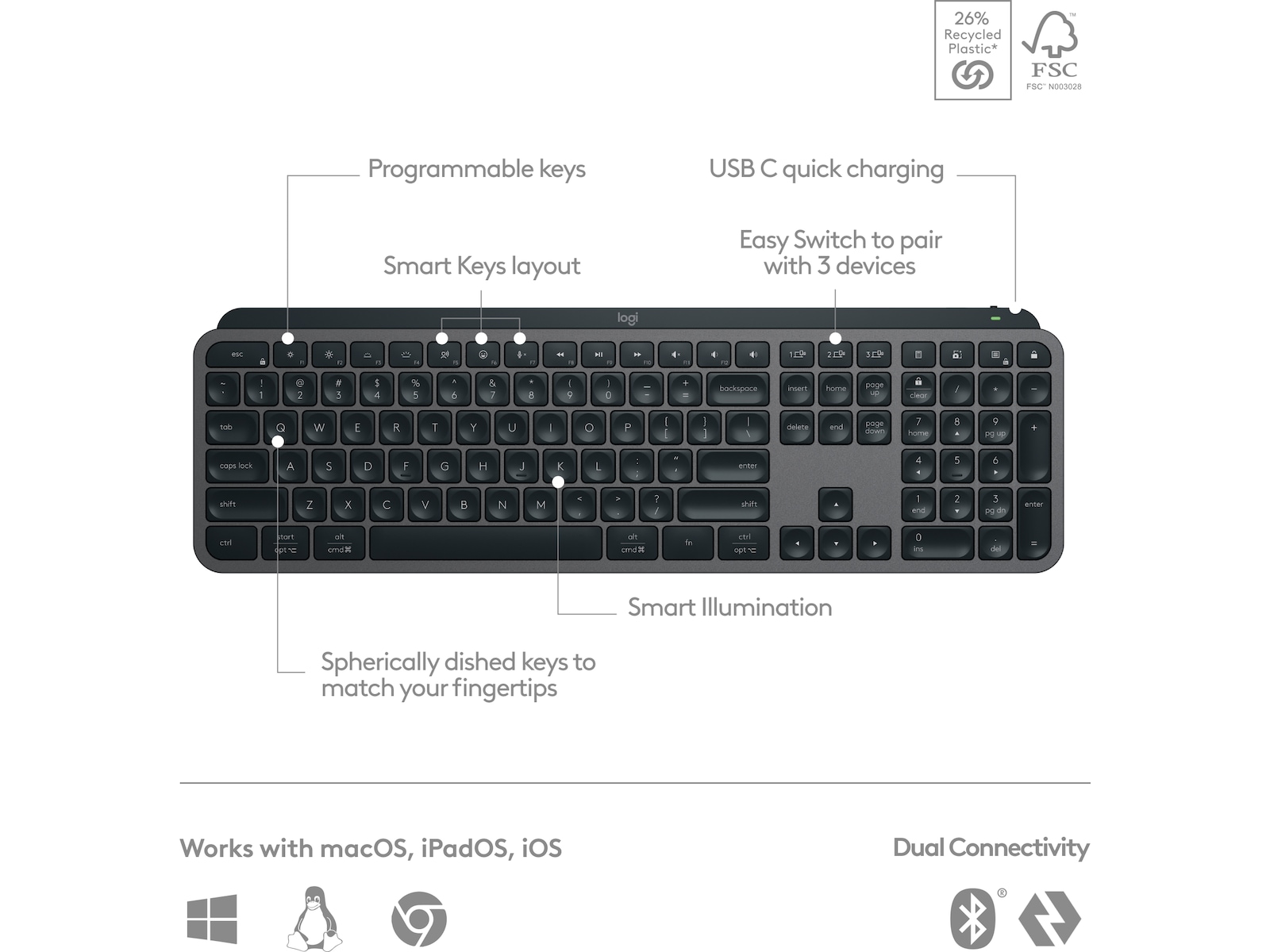 Logitech MX Keys S Trådløst Tastatur (graphite) Keyboards