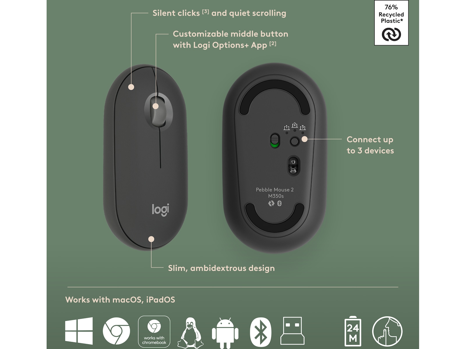 Pebble 2 Combo (sort) Mus & keyboards -kombinasjonspakker
