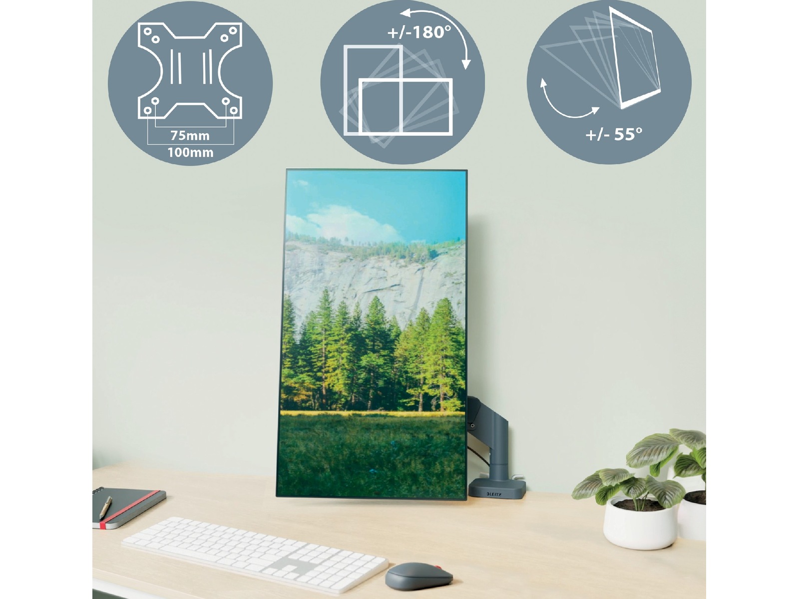 Leitz Ergo Monitor Arm Single, pladsbesparende, 17-32" flad/buet skærm Væg ophæng