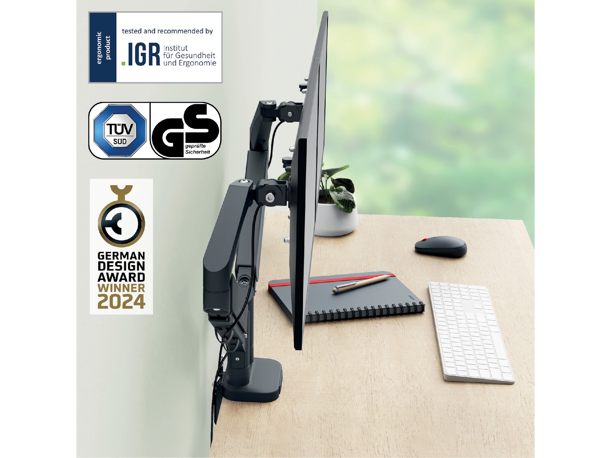 Leitz Ergo Monitor Arm Dual, pladsbesparende 17"-32" flad / buet skærm Væg ophæng