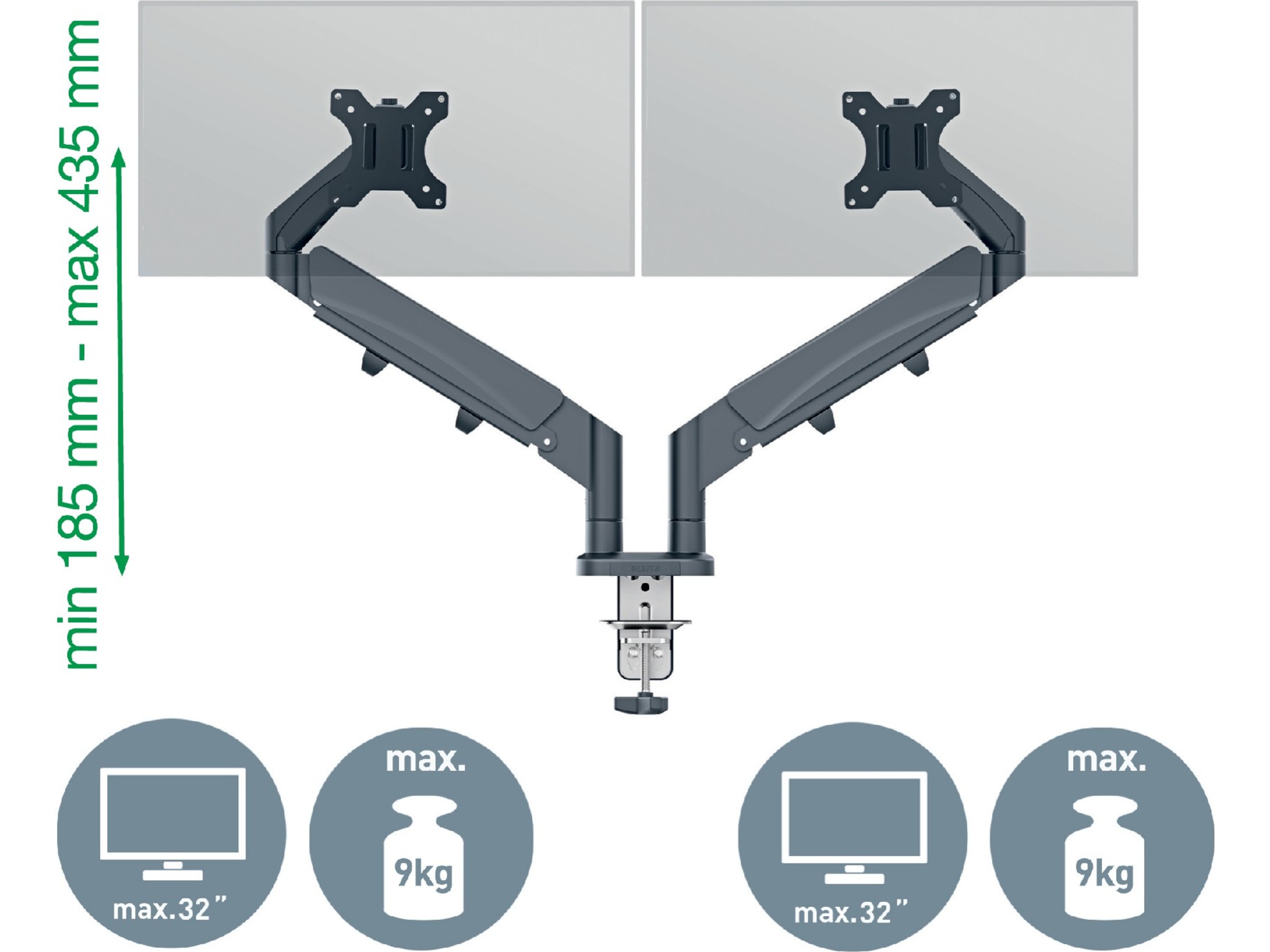 Leitz Ergo Monitor Arm Dual, pladsbesparende 17"-32" flad / buet skærm Væg ophæng