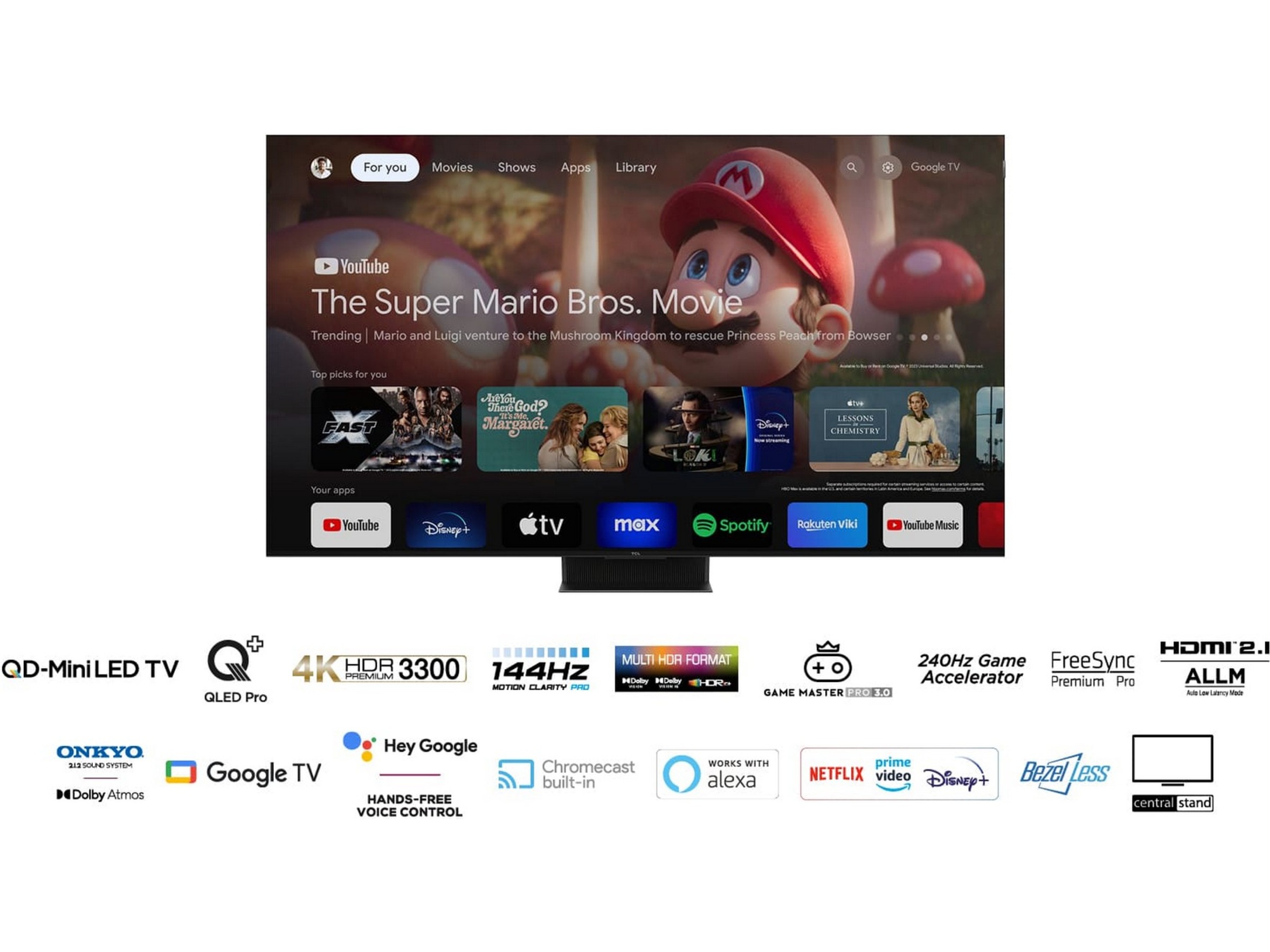 TCL 85" 85C855 QLED Pro 4K Google TV 144Hz Over 80 tommer TV